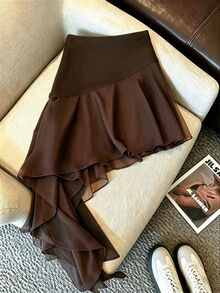 SHEIN EZwear Premium Maillard Sexy Style Sexy Asymmetrical Patchwork Satin Ribbon Skirt - Coffee Brown - View 1