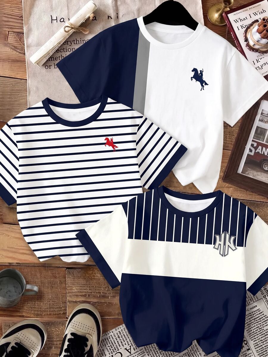 SHEIN 小男孩 3 件組 T 恤套裝,適合春夏,經典酷炫復古條紋拼接色塊圖案印花,精緻小騎士 Logo 圖案印花 - 彩色 - 查看 1