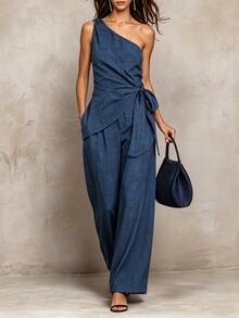 Breezaya Women's Solid Color One-Shoulder Top And Pants Casual Daily Two Pieces Set - Navy Blue - View 1