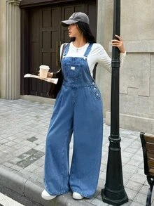 Rivivi Plus Size Loose Wide Leg Denim Jumpsuit With Pocket - Blue - View 1