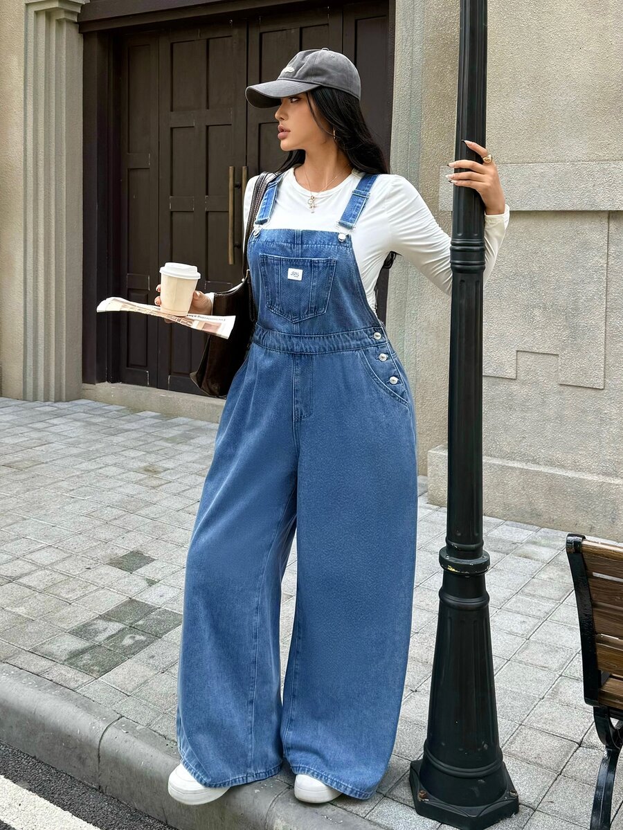 Rivivi Plus Size Loose Wide Leg Denim Jumpsuit With Pocket - Blue - View 1