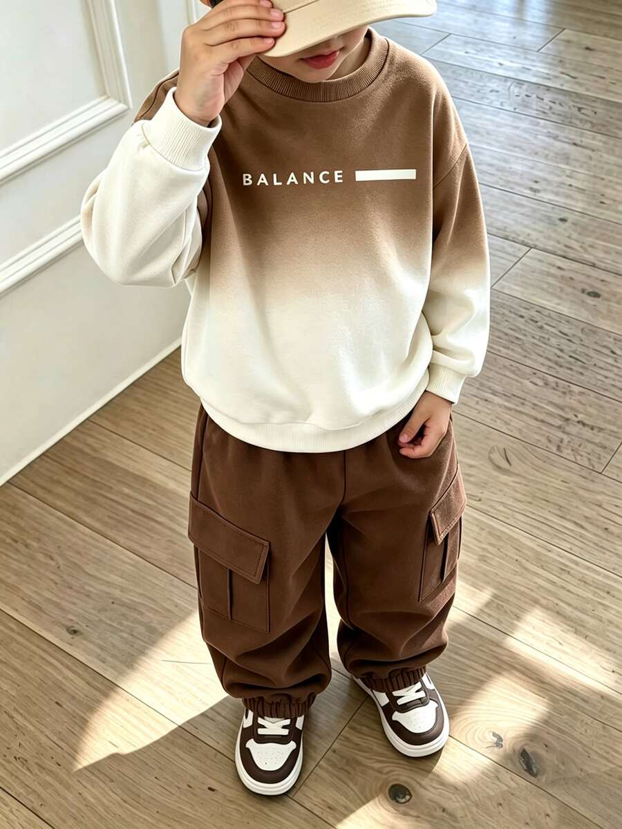 2pcs Set Tween Boy Fashion Minimalist Comfortable Crew Neck Sweatshirt With Comfortable Cargo Pants, Cool English Gradient Full Print Pattern Design, Suitable For Holiday Parties And Casual Gatherings, Boys Spring Autumn Winter First Choice, Spring Autumn Winter Streetwear, Casual Outfits For Back To School And Parties - Multicolor - View 1