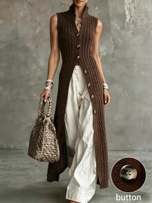 SHEIN Cable Knit Sleeveless Midi Dress Stand Collar Front Button Slim Knit Vest Dress - Brown - View 2