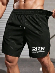 GymBeat Men's Letter Print Drawstring Waist Pocket Sports Shorts, Gym - Black - View 3