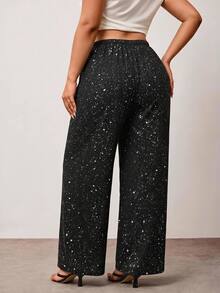 Hourglow Plus Size Drawstring Waist Sequin Fashion Straight Leg Loose Fit Long Pants - Black - View 2