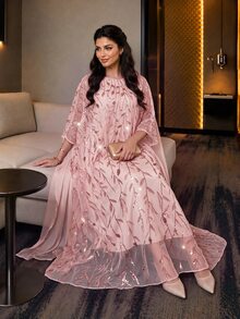 SHEIN Lady CURVE Plus Size Women Leaf Embroidery Pattern Cover Up And Dress Fashion 2 Pieces Set - Pink - View 6