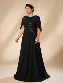 Serin Plus Size Elegant Romantic Glamorous Black Applique Design Shawl Fitted Patchwork Ruched A-Line Wedding Event Mother Dress Evening Party Ball Music Festival Formal Gown - Black - View 6