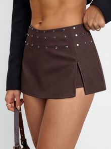 Avenya Women's Rivet Decor Hot Girl Skirt Shorts - Coffee Brown - View 2