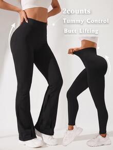 SHEIN Velisys Seamless Knit Leggings + Flare Pants 2-Piece Set - Black - View 1
