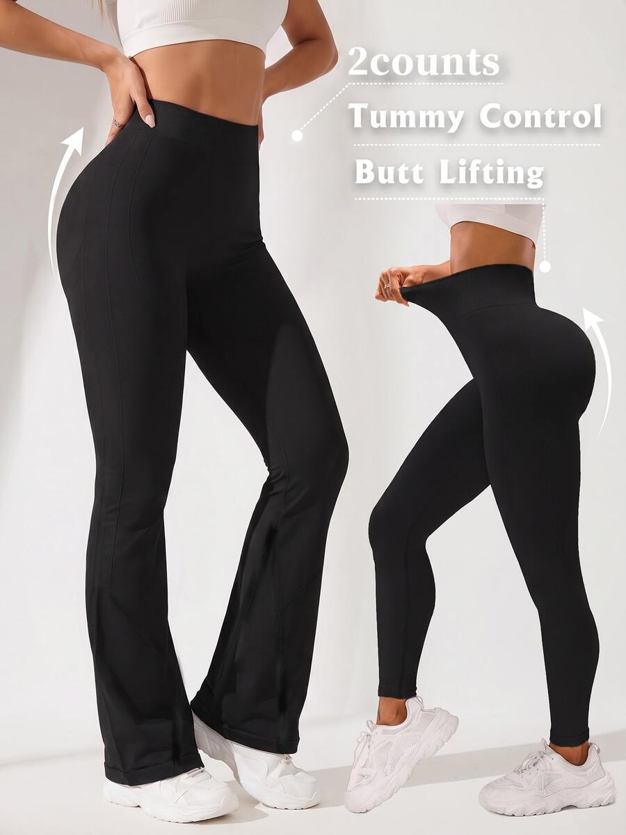 SHEIN Velisys Seamless Knit Leggings + Flare Pants 2-Piece Set - Black - View 1