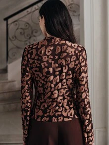 Anewsta Women's Vintage Leopard Print Burnout Sheer Top - Coffee Brown - View 7
