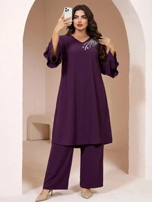 Al Najma Plus Size Women's Rhinestone Vintage Top And Pants Arabic Set - Purple - View 3
