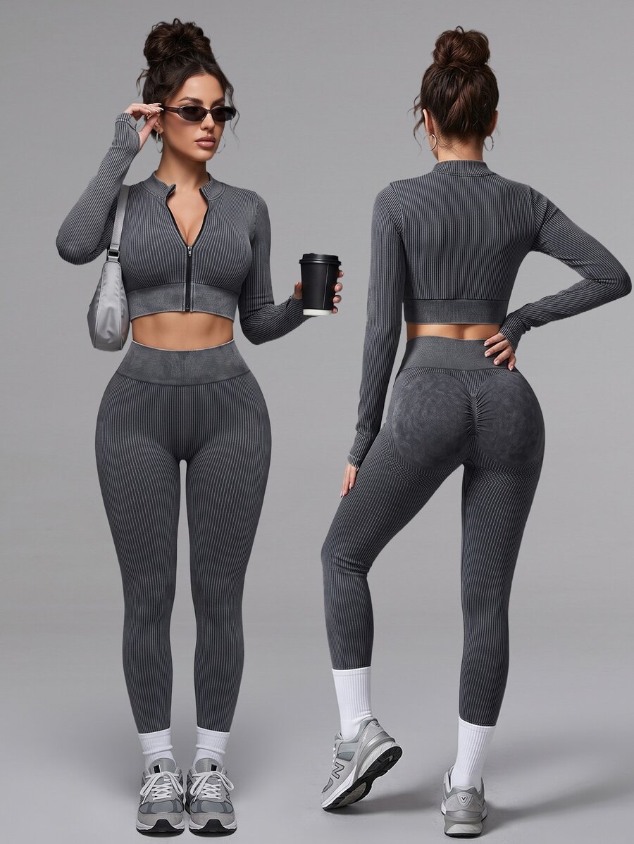 Slayform Slayform Women's Sexy Modest Athleisure Cropped Zipper Top And Tight Leggings Sports Set Gym Active Dark Grey Autumn - Black - View 1