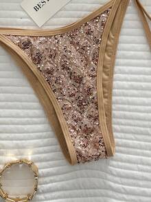 SHEIN Swim 2件組比基尼套裝，春夏度假動物印花亮片紋理面料搭配珠飾，三角罩杯比基尼上衣與側綁帶比基尼褲，性感比基尼套裝 - 金色 - 查看 4