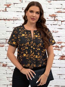 Reflora Plus Size Fashion Floral Print Short Sleeve Shirt For Vacation - Orange - View 6