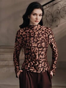 Anewsta Women's Vintage Leopard Print Burnout Sheer Top - Coffee Brown - View 6