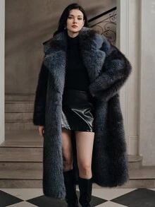 Anewsta Essential Autumn/Winter New Elegant Lady Faux Fox Fur Long Coat Fashion Fur-In-One Women's Plush Overcoat - Dusty Blue - View 6