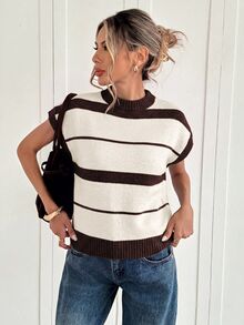 Siren Gaze Women's Striped Batwing Short Sleeve Casual Knit Top - Apricot - View 3