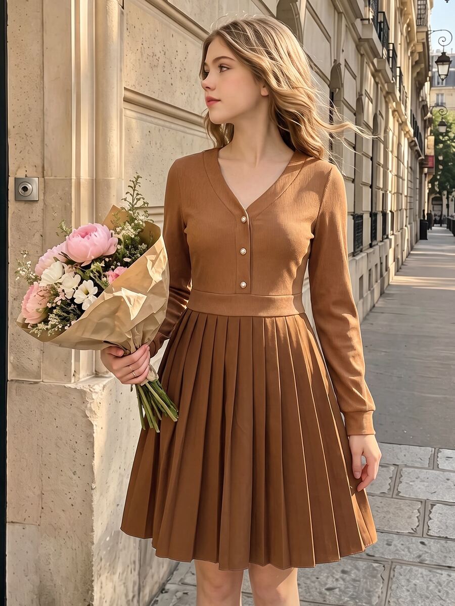 SHEIN 女童休閒極簡時尚派對正式婚禮優雅純色棕色V領高腰長袖前開鈕扣百褶羅紋拼接洋裝 - 棕色 - 查看 1