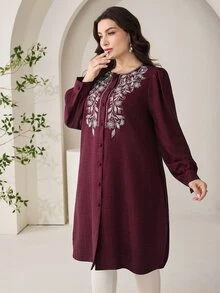 SHEIN CURVE+ Kemeja Wanita Ukuran Besar Motif Bordir Bunga Kasual Elegan untuk Pemakaian Sehari-hari, Musim Gugur, Formal, Pesta Malam, Warna Burgundy - Burgundy - View 6