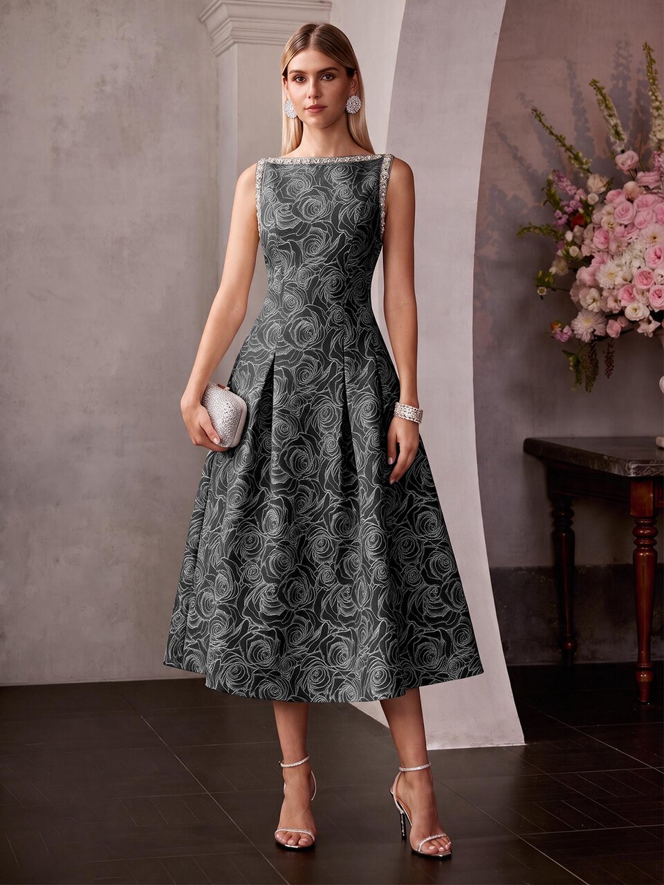 MOTF WOMEN'S THREAD ROSE JACQUARD RHINESTONE STRIPED DECOR SLEEVELESS ELEGANT MIDI DRESS