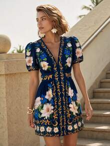 CAJUNI Summer Short Puff Sleeve Floral Dress - Blue - View 6