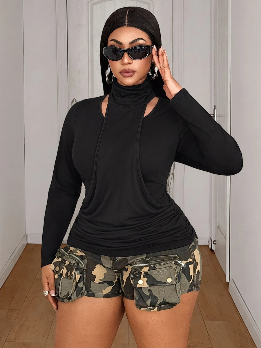 Maweii Plus Size Black High Neck Long Sleeve Top, 2 In 1 Halter Neck Ruched Waist Slim Fit Elastic Knit Inner Layer T-Shirt - Black - View 1
