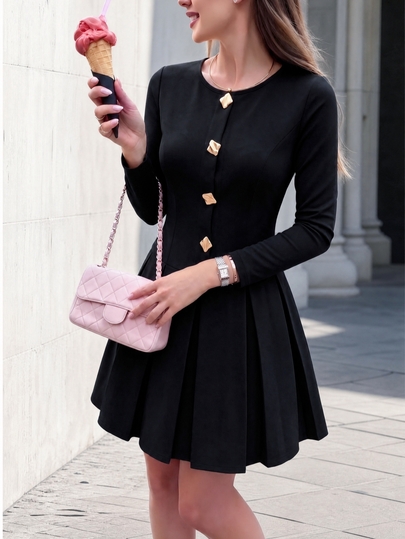SHEIN PariChic Women's Round Neck Long Sleeve Faux Cuff Pleated Waist Elegant Minimalist Party Fashion Preppy Style Short Dress, Suitable For Spring, Summer, Autumn, Winter
