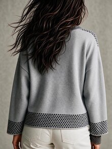 SHEIN Holidaya Vintage Leopard Print Patchwork V-Neck Sweater Women Loose Drop Shoulder Slouchy Contrast Color Long Sleeve Knit Pullover Top - Grey - View 2