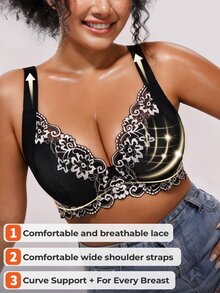 Bareli Dear Plus Size Sexy Lace Patchwork Push-Up Bra, Adjustable Shape, Minimizing Large Bust, Side-Boob Coverage, Underwire Lingerie, 1pc - Black and White - View 5