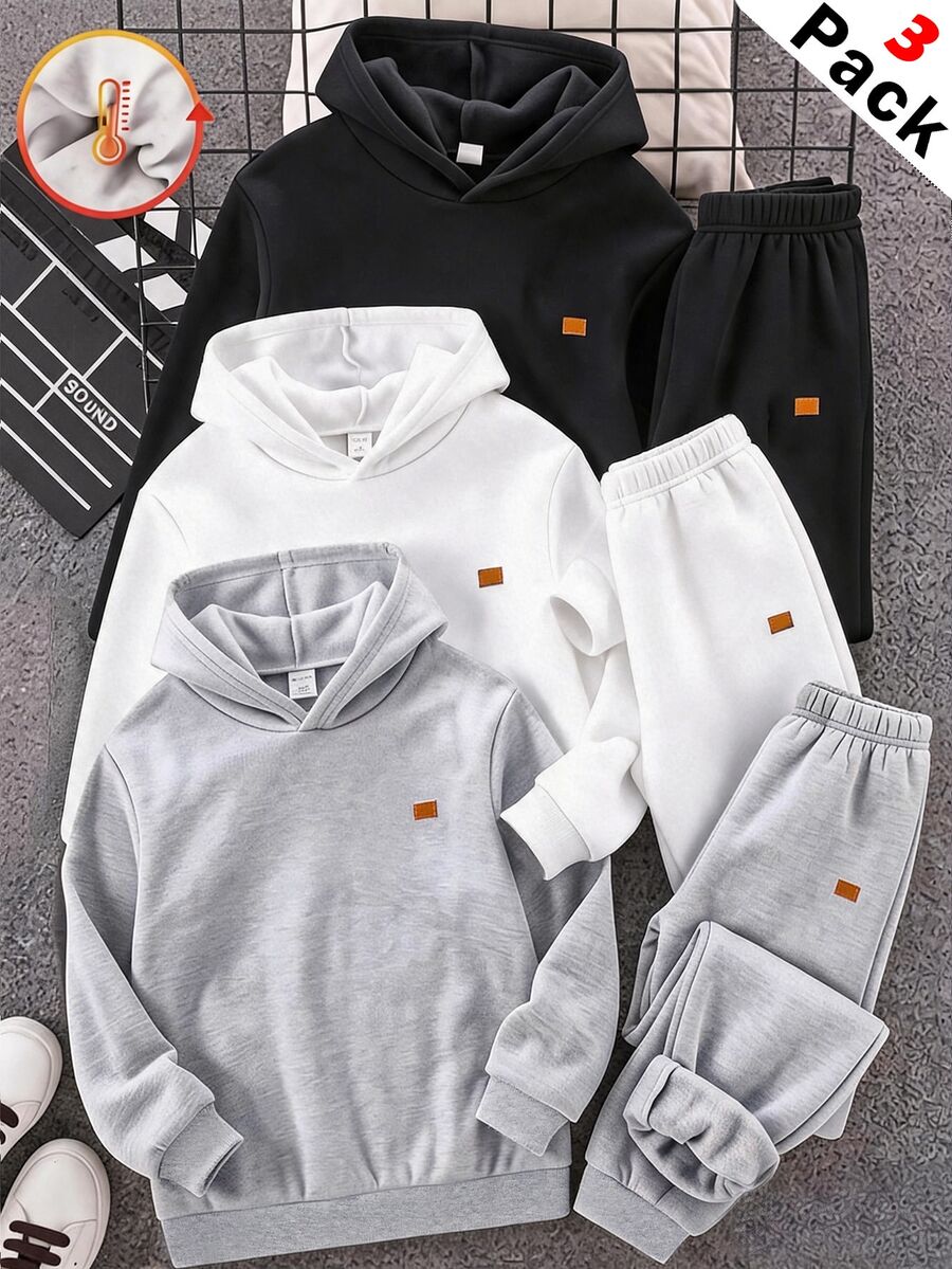 SHEIN 3 Pcs Tween Boy Autumn/Winter Casual Versatile Fleece Lined Elastic Waist Sweatpants Kids Sweatpants Boy Joggers All-Match Multi-Pack - Multicolor - View 1