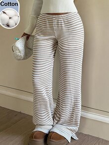 SHEIN 青少年女孩休閒舒適條紋杏色與淺色長褲，百搭居家與街頭穿搭 - 彩色 - 查看 8