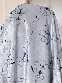LuxeNights Vintage Floral Print Velvet Pajama Set, Black Collar Lapel Open Front Long Sleeve Wide Leg Pants, Women's Loungewear - Grey - View 5