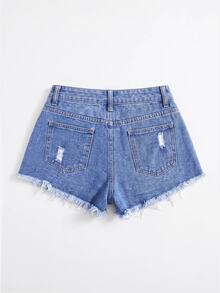 SHEIN PETITE 性感街頭風鈕扣磨損毛邊牛仔短褲 - 藍色 - 查看 2