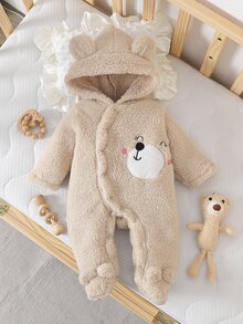 SHEIN Newborn Bear Hooded Footed Fuzzy Jumpsuit Cartoon Embroidery For Baby Shower Outdoor Photo Shoot - Khaki - View 3