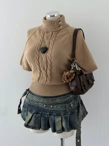 Sunspun Sweater Rajut Wanita Ukuran Besar Lengan Pendek Kerah Tinggi - Unta - View 7