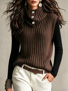 SHEIN Ribbed Knit Vest Featuring Button Embellished Turtleneck. Cropped Sleeveless Cut, Versatile For Laye - Coffee Brown - View 8