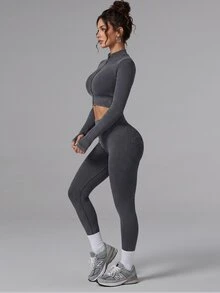 Slayform Slayform Women's Sexy Modest Athleisure Cropped Zipper Top And Tight Leggings Sports Set Gym Active Dark Grey Autumn - Black - View 3