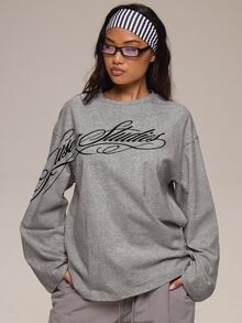 MUSERA 白色圖形標誌細節長袖上衣 冬季休閒日常舒適穿搭 酷白色女款上衣 - 深灰色 - 查看 5