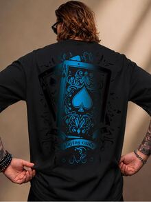Manfinity Homme Kaos oblong pria ukuran besar dengan motif kartu poker. - Hitam - View 5