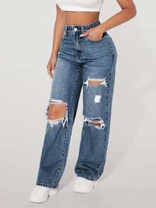 Jeanoix Plus Size Fashion Button Pocket Distressed Sexy Denim Jeans - Dark Wash - View 3