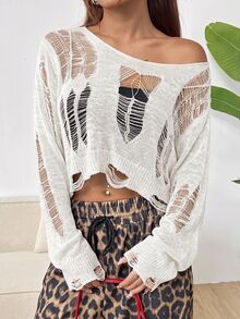 SHEIN EZwear 休閒不對稱破洞女款毛衣 - 白色 - 查看 1