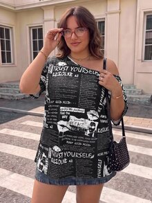 SHEIN CURVE+ 休閒簡約純色大尺碼女款T恤，適合春夏穿著 - 黑與白 - 查看 6