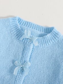 SHEIN 女童秋冬時尚手工蝴蝶結針織長袖開襟毛衣 - 淺藍色 - 查看 3