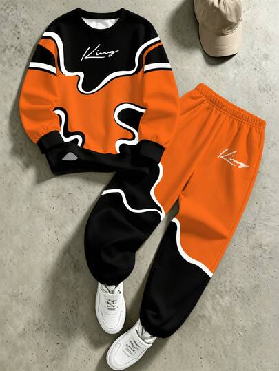 Boys' Colorblock Print Crew Neck Sweatshirt + Elastic Waist Sweatpants Set, Casual Sports Daily Wear