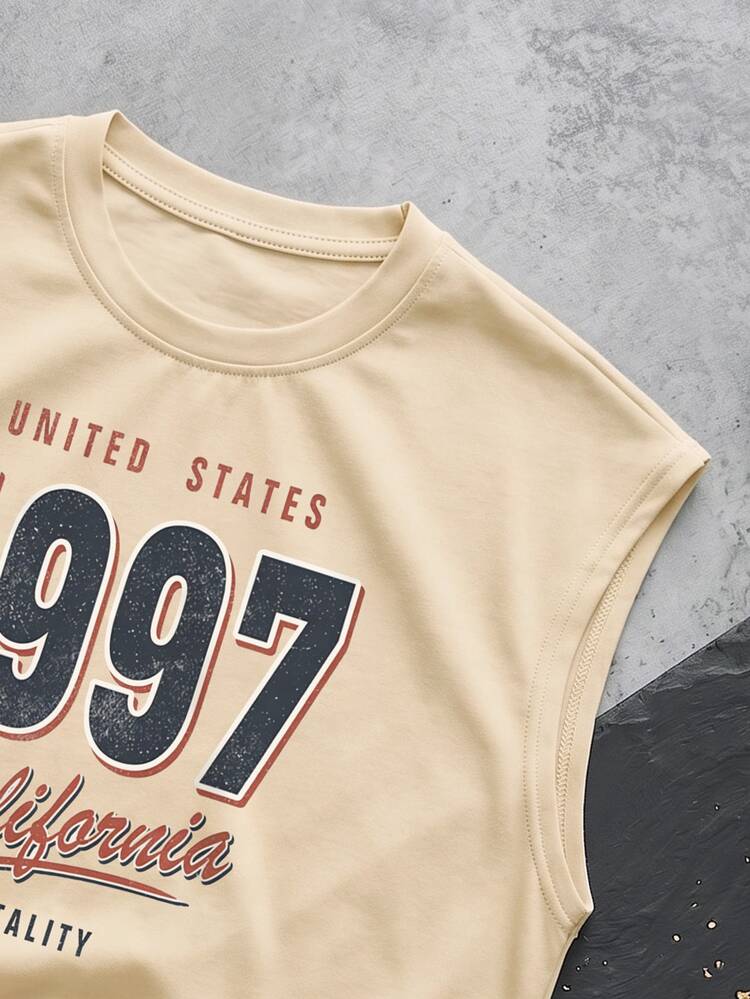 Resyla Men Men's Casual Streetwear Graphic Versatile American Vintage 1997 Print Loose Short Crew Neck Tank Top White Gym Summer - Khaki - View 6