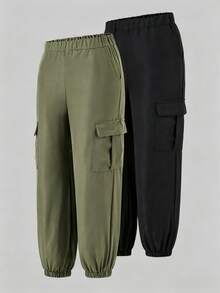 SHEIN Explorewe 青少年男孩百搭側邊不對稱條紋素色長褲 2件組 - 軍綠色 - 查看 6