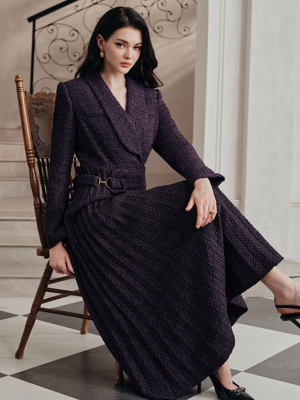 Women's Elegant Modern Heavy-Duty Tweed Purple Woody Scent Pleated Dress