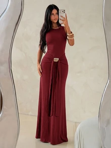 Aloruh 女款春夏度假新款棕色無袖貼身魚尾洋裝，適合街頭穿搭、日常穿著與通勤 - 紅色 - 查看 4