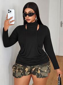 Maweii Plus Size Black High Neck Long Sleeve Top, 2 In 1 Halter Neck Ruched Waist Slim Fit Elastic Knit Inner Layer T-Shirt - Black - View 3
